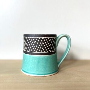 Native Pattern Teal Mug Wheel thrown. 12oz-14 oz microwave & dishwash…